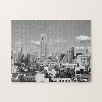 Empire State Building NYC Skyline Puffy Clouds BW Jigsaw Puzzles