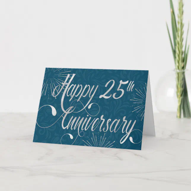 Employee 25th Anniversary Swirly Text Blue Card Zazzle