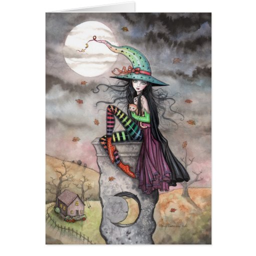 Enchanted October Halloween Witch Cat Card