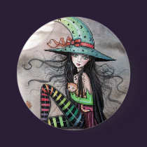Enchanted October Witch Tabby Cat Pinback Button buttons