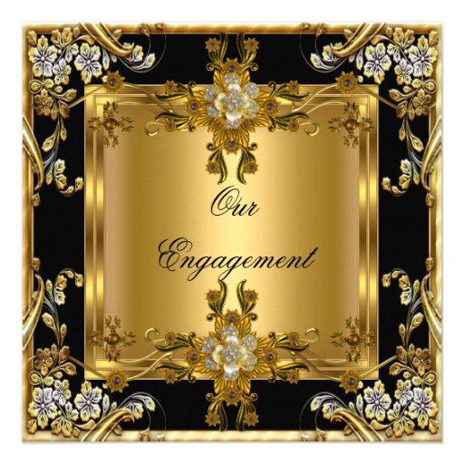 Engagement Party Elegant Gold Floral Jewel Black Invitation (front side)