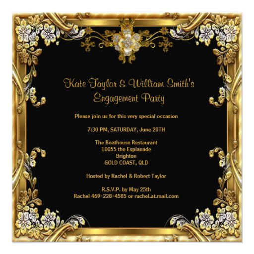 Engagement Party Elegant Gold Floral Jewel Black Invitation