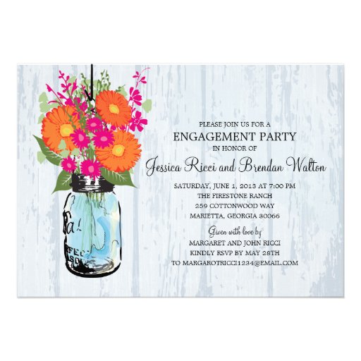 Engagement Party Rustic  Mason Jar Gerber Daisies Invites
