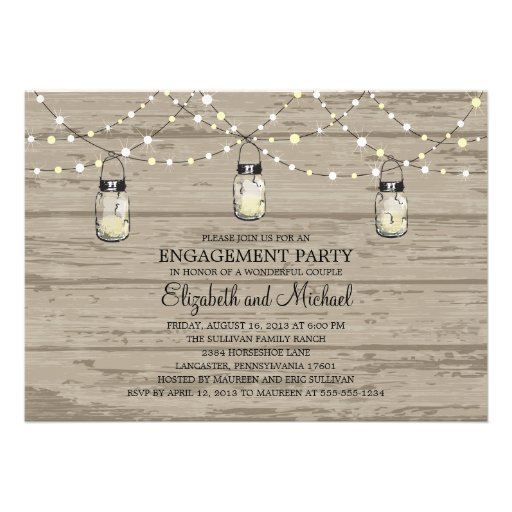Engagement Party Rustic Wood Mason Jar and Lights Invites