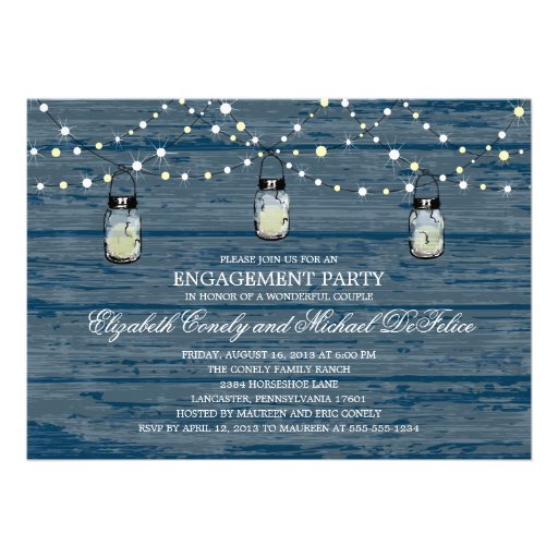 Engagement Party Rustic Wood Mason Jar and Lights Custom Invitations (front side)