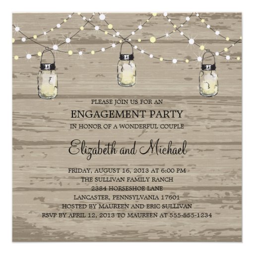 Engagement Party Rustic Wood Mason Jar and Lights Invitations