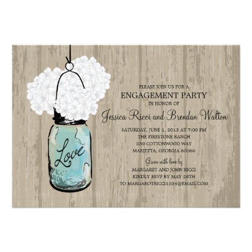 Engagement Party Rustic Wood Mason Jar Hydrangeas Announcement (front side)