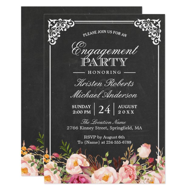 Engagement Party Vintage Pink Floral Chalkboard Card (front side)