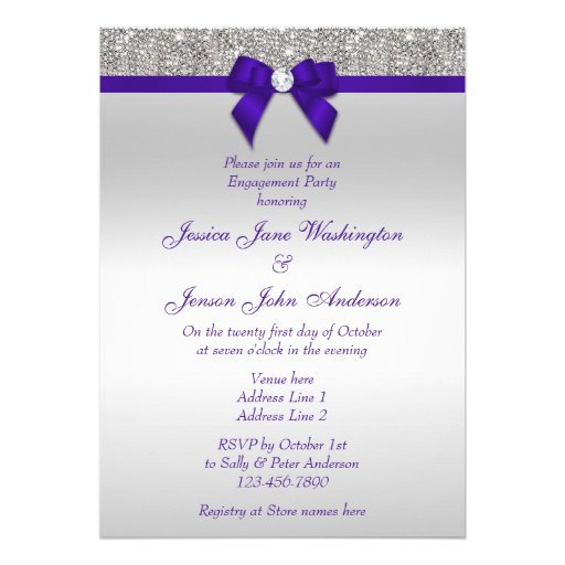 Engagement Silver Sequins Deep Royal Purple Bow Invitations