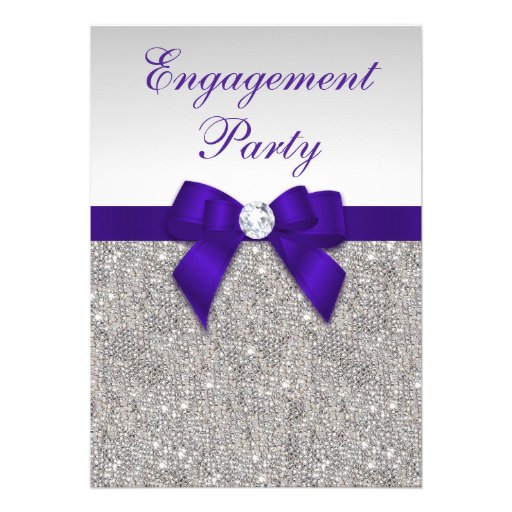 Engagement Silver Sequins Deep Royal Purple Bow Invitations
