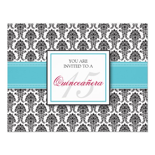 ENGLISH Aqua Damask Quinceanera Invitation