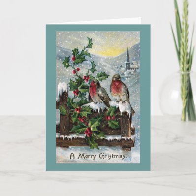 English Robins on a Fence Antique Christmas Greeting Card