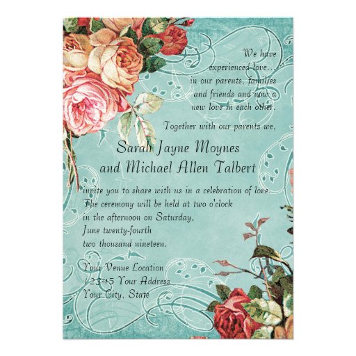 English Rose Bouquet, Vintage n Modern Swirl Leaf Custom Invite