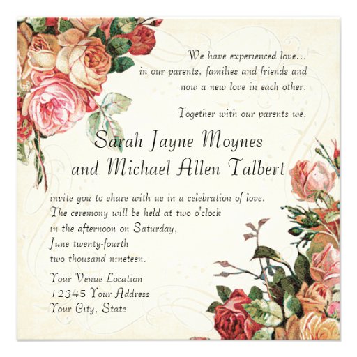 English Rose Bouquet, Vintage n Modern Swirl Leaf Custom Invites