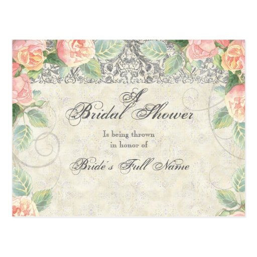 English Rose & Silver Bridal Shower Invitation Post Cards