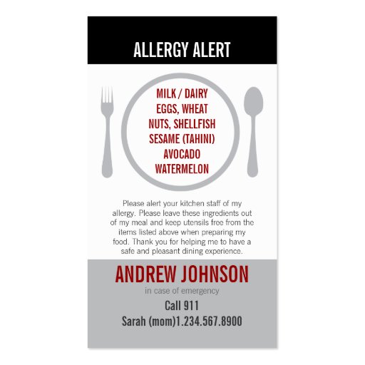 English/Spanish Bilingual Allergy Alert Card | Zazzle