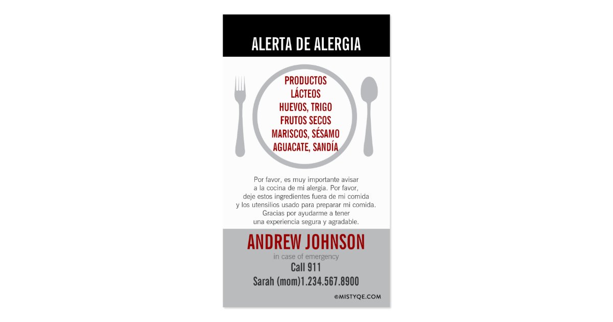 English/Spanish Bilingual Allergy Alert Card | Zazzle