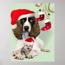 English Springer Spaniel & kitten Christmas Poster