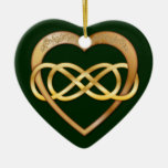 Entwined Hearts Double Infinity - Gold on Green Christmas Tree Ornaments