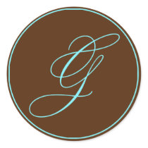 Envelope Seal Chocolate And Blue Monogram Wedding Round Sticker