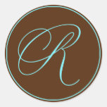 Envelope Seal Chocolate And Blue Monogram Wedding Stickers