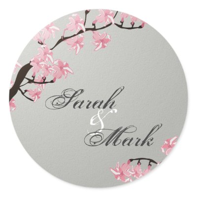 Envelope Seal Slate Grey &amp; Pink Cherry Blossoms Stickers