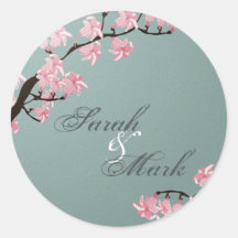 Envelope Seal Turquoise & Pink Cherry Blossoms Stickers