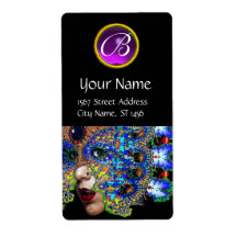 EPHEMERAL PURPLE AMETHYST MONOGRAM Black Shipping Labels