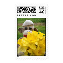 Ernie the Sock Monkey and Daffodils Postage Stamp