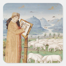 Escritura de Virgil en un campo de ovejas y de cab Calcomanias Cuadradas