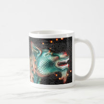 estatua del dragón con imagen de la capa del texto taza de café