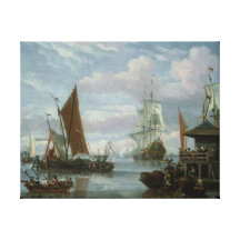 Estuary Scene with Boats and Fisherman Stretched Canvas Print