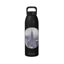Etched Look NYC Skyline, Round Frame Drinking Bottle