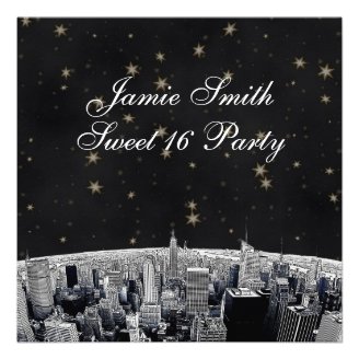 Etched NYC Skyline 2 Black Gold Star Sweet 16 Personalized Invitations
