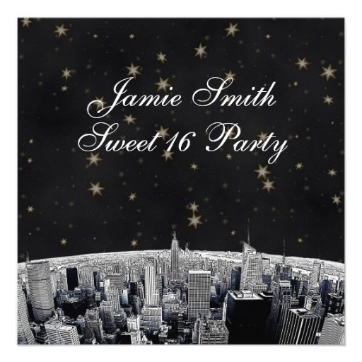 Etched NYC Skyline 2 Black Gold Star Sweet 16 Personalized Invitations