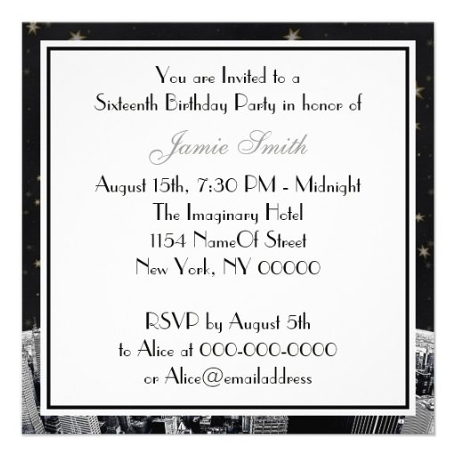 Etched NYC Skyline 2 Black Gold Star Sweet 16 Personalized Invitations