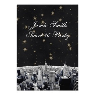 Etched NYC Skyline 2 Black Gold Star Sweet 16 V Custom Announcement