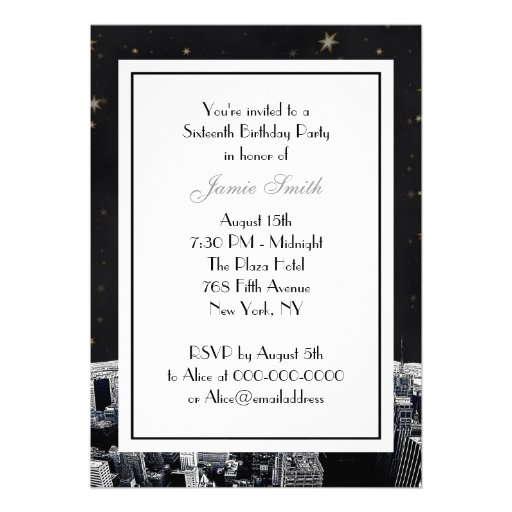 Etched NYC Skyline 2 Black Gold Star Sweet 16 V Custom Announcement