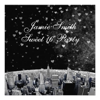 Etched NYC Skyline #2 Black White Heart Sweet 16 Personalized Announcement