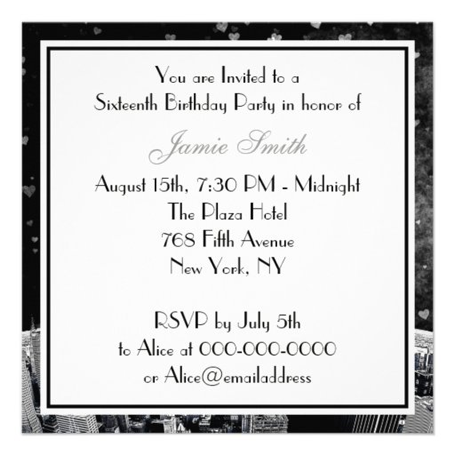 Etched NYC Skyline #2 Black White Heart Sweet 16 Personalized Announcement