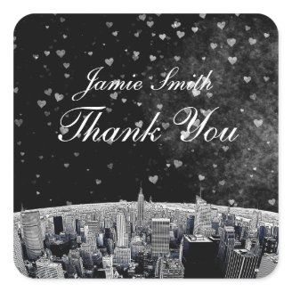 Etched NYC Skyline #2 Black White Heart Thank You Sticker