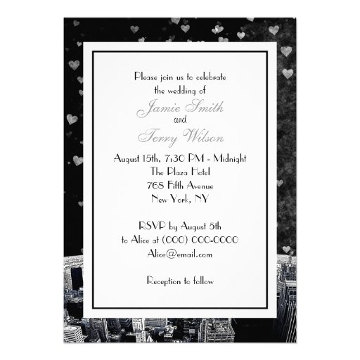 Etched NYC Skyline #2 Black Wht Heart Wedding Invite