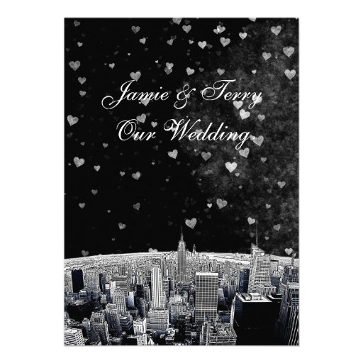 Etched NYC Skyline #2 Black Wht Heart Wedding Invite