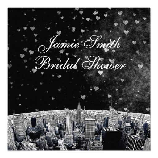 Etched NYC Skyline #2 Blk Wht Heart Bridal Shower Announcement