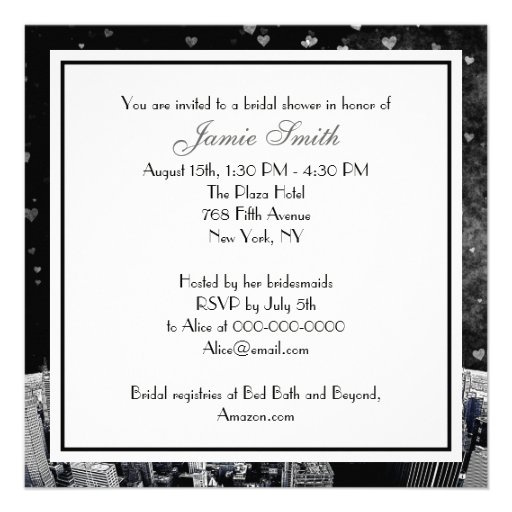Etched NYC Skyline #2 Blk Wht Heart Bridal Shower Announcement