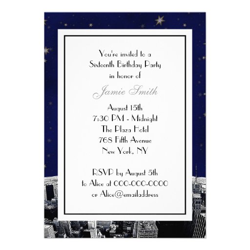 Etched NYC Skyline 2 Blue Gold Star Sweet 16 V Announcements