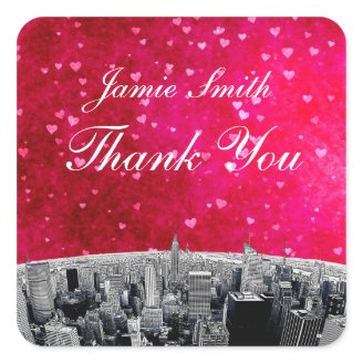Etched NYC Skyline #2 Pink Red Heart Thank You Square Stickers