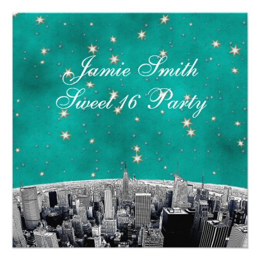 Etched NYC Skyline 2 Teal Gold Star Sweet 16 Personalized Invites