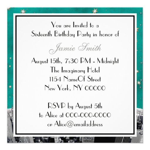 Etched NYC Skyline 2 Teal Gold Star Sweet 16 Personalized Invites