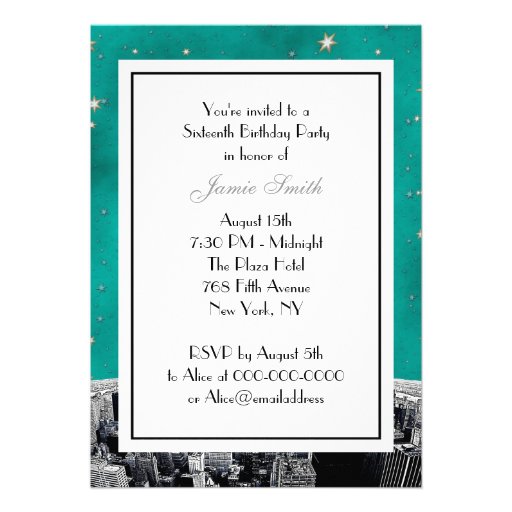 Etched NYC Skyline 2 Teal Gold Star Sweet 16 V Cards
